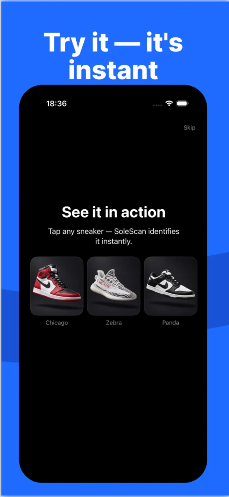 SoleScan live demo screen showing Chicago, Zebra and Panda sneakers ready to identify