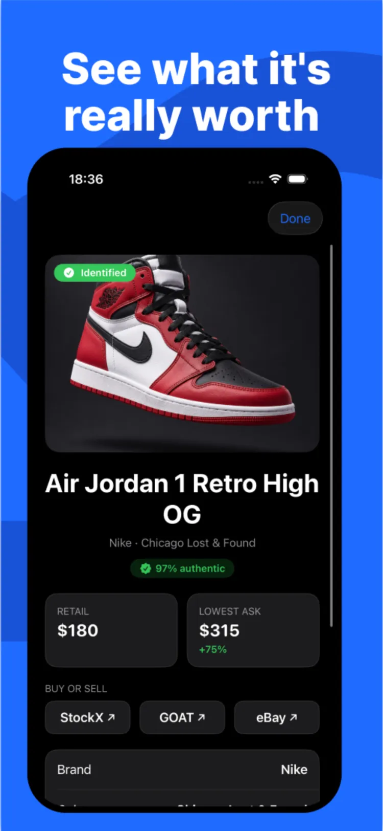 SoleScan result screen showing an identified Air Jordan 1 with retail price, resale lowest ask and authenticity score
